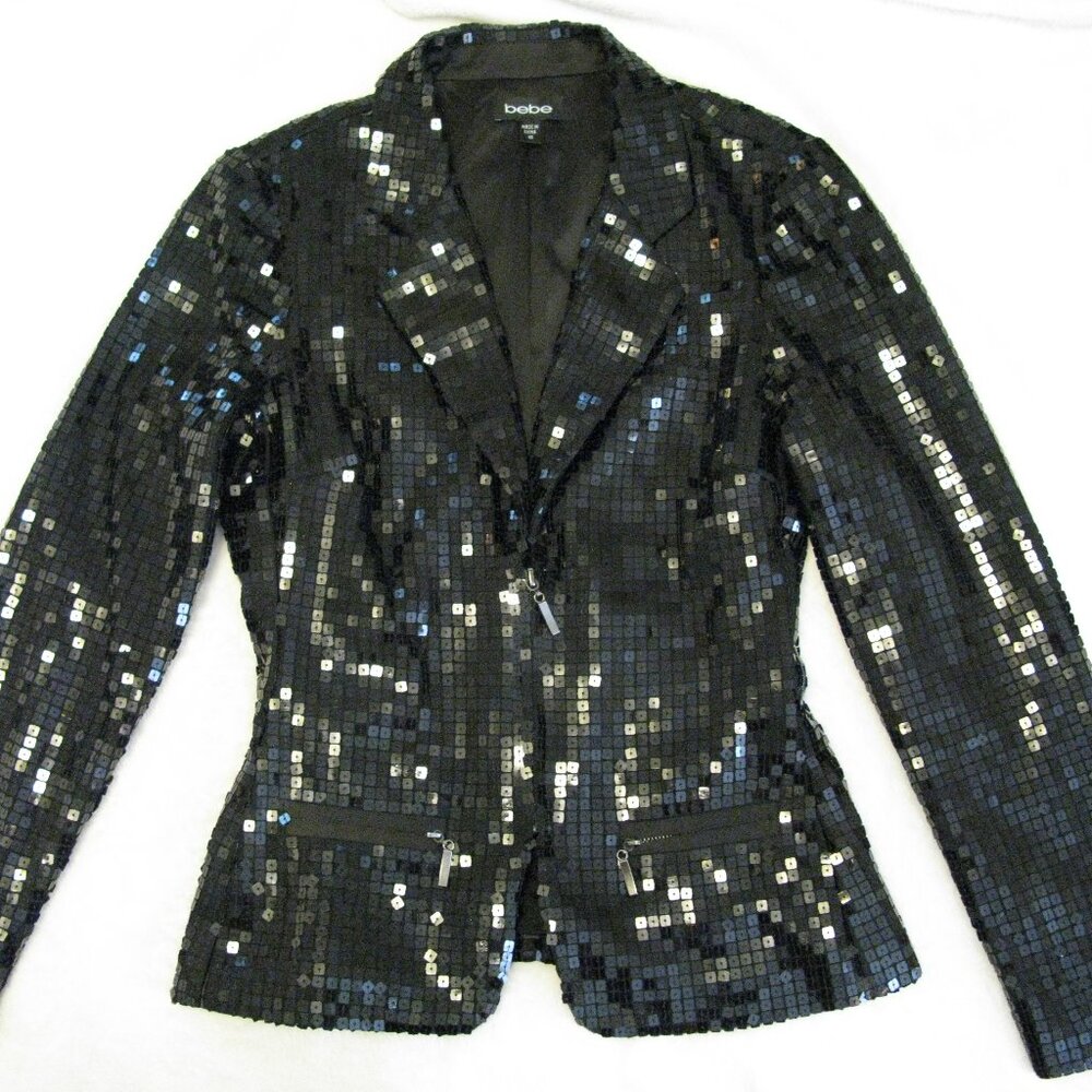 Bebe Black Sequined Jacket Sz 10 Gorgeous Sparkling Style Rare HTF